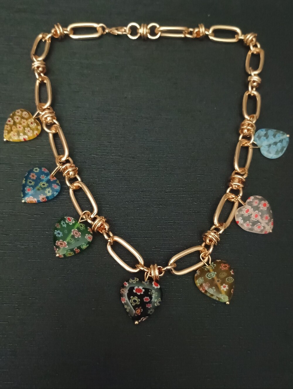 Camila Coelho Gold Link Necklace with Multicolor Floral Heart Charms